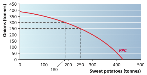 Production possibility curve for onions and sweet potatoes showing an increase in sweet potatoes from 180 to 250 tonnes and a fall in onions from 300 to 250 tonnes
