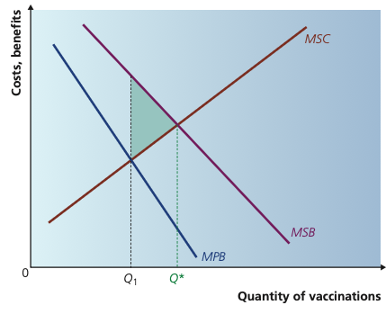 Vaccination diagram with MSB above MPB and socially efficient quantity above market quantity