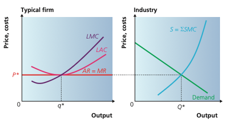 Two-panel diagram showing a typical firm and the industry in long-run perfect competition equilibrium