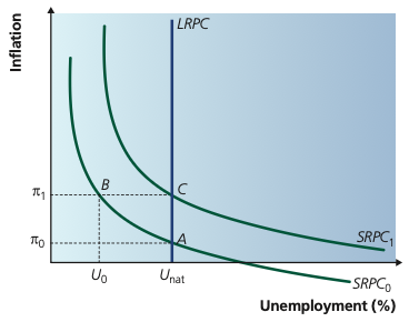 Expectations-augmented Phillips curve with a vertical long-run Phillips curve at the natural rate of unemployment.
