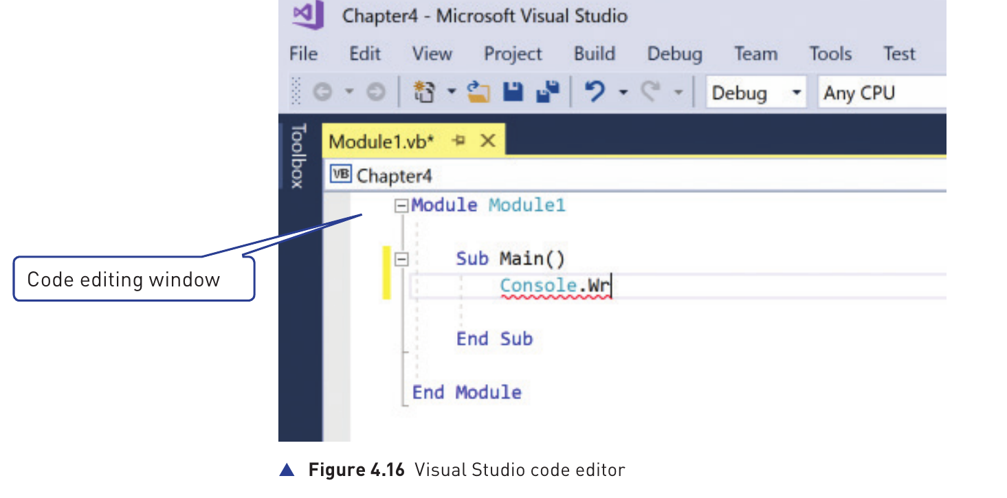 Course-book Figure 4.16 showing a Visual Studio code editing window