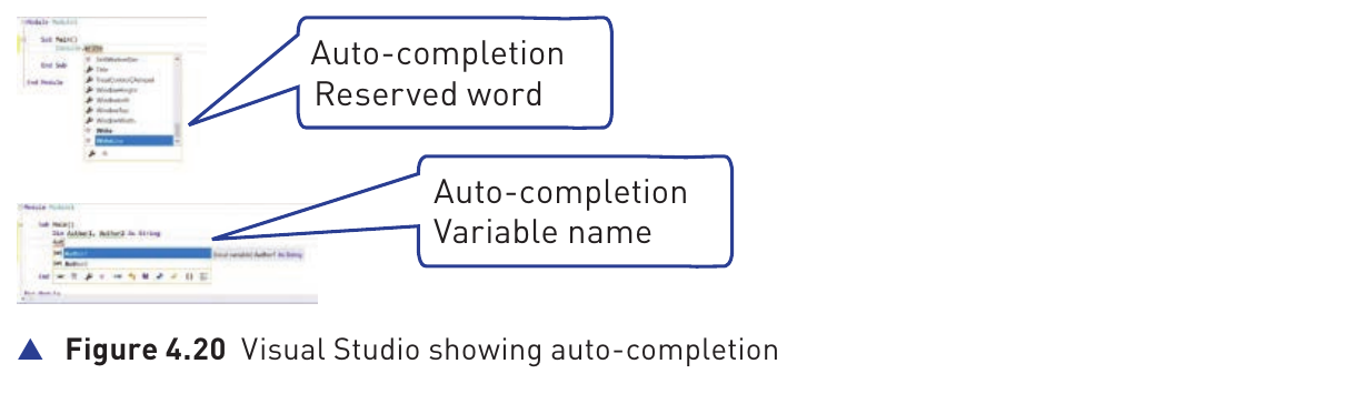 Course-book Figure 4.20 showing auto-completion for a reserved word and variable name
