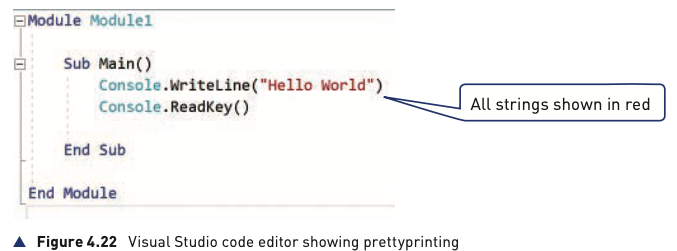 Course-book Figure 4.22 showing Visual Studio prettyprinting with strings displayed in red
