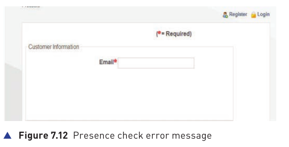 Figure 7.12 showing a presence check error message on a required email field