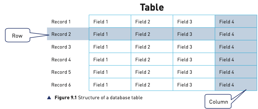 Figure 9.1 from the textbook showing records as rows and fields as columns in a database table