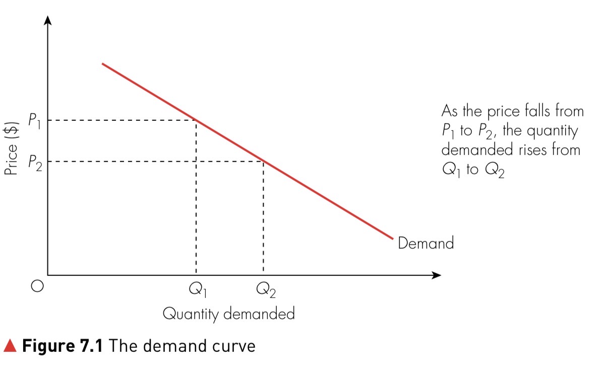 Demand curve showing inverse relationship between price and quantity demanded
