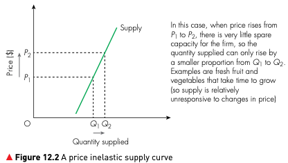 A price inelastic supply curve showing quantity supplied increasing by a smaller proportion than price