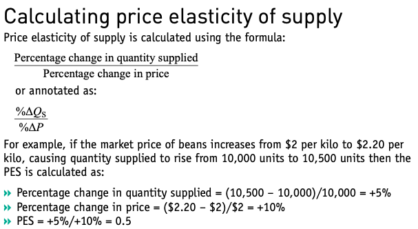 Calculation of price elasticity of supply using percentage change in quantity supplied divided by percentage change in price