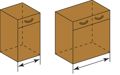 Two measured cupboard widths; the bounding lengths add.