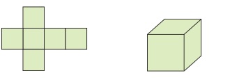Textbook green cube net beside the resulting cube.