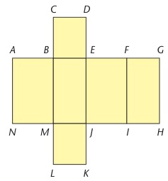 Textbook labelled yellow cuboid net identifying corners and folding edges.