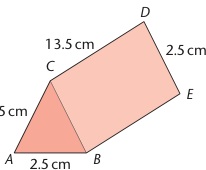 Textbook orange triangular prism with dimensions and labels.