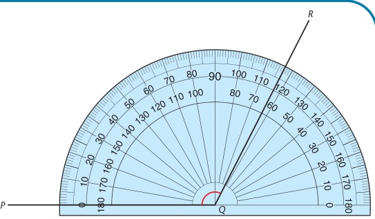 Textbook semicircular protractor on angle PQR.