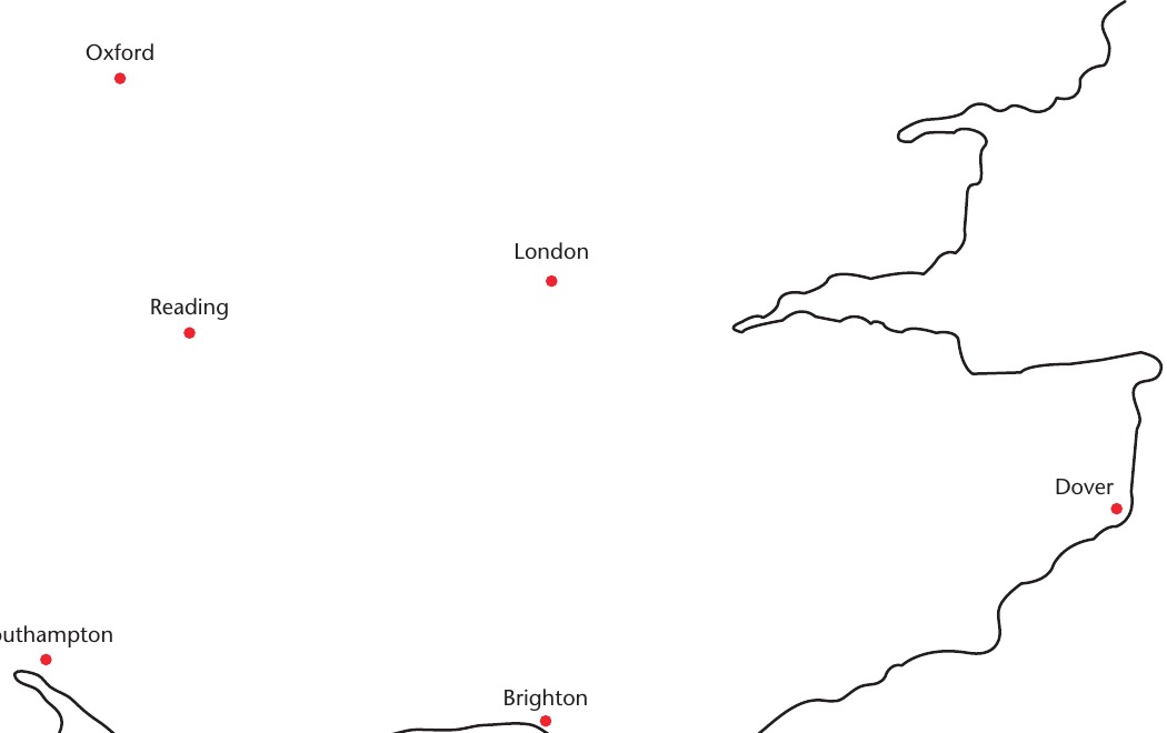 Map of towns in southern England from the Chapter 34 textbook