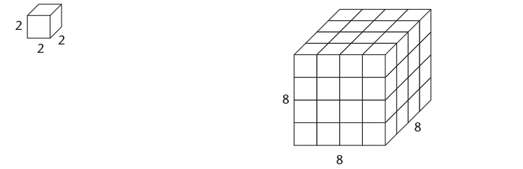 Two similar cubes illustrating the cubed relationship for volume