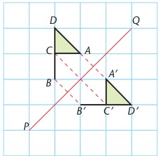 Book reflection diagram with two congruent triangles and a diagonal mirror line